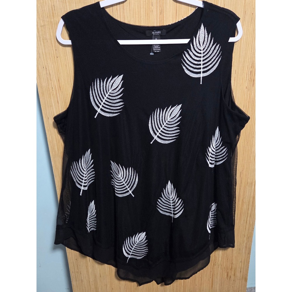 Alfani Woman Size 1X Black Mesh Embroidered Leaf Sleeveless Blouse Plus Silver